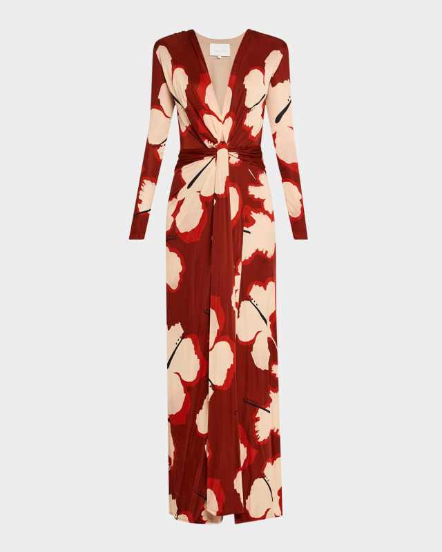 Coral Marino Plunging Twisted Long-Sleeve Maxi Dress